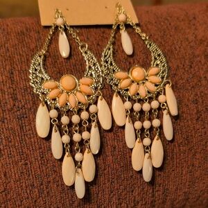 Elegant Gold and Cream/Peach Chandelier Earrings